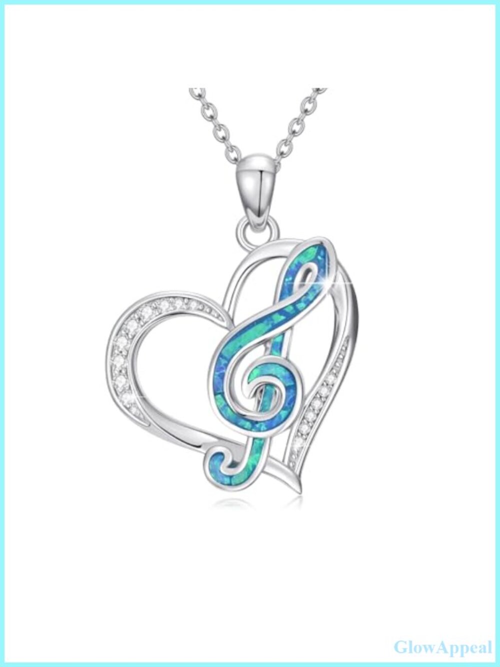 925 Sterling Silver Opal Heart Music Note Pendant Necklace